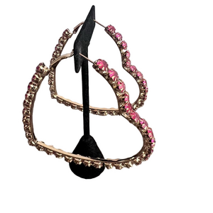 New Waffle Pink Rhinestone Studded Gold Heart Large Hoop Earrings